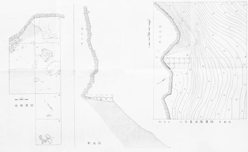 図2 八木鼻第1号岩陰遺跡の発掘調査 平・断面・発掘溝図 (中村1968)