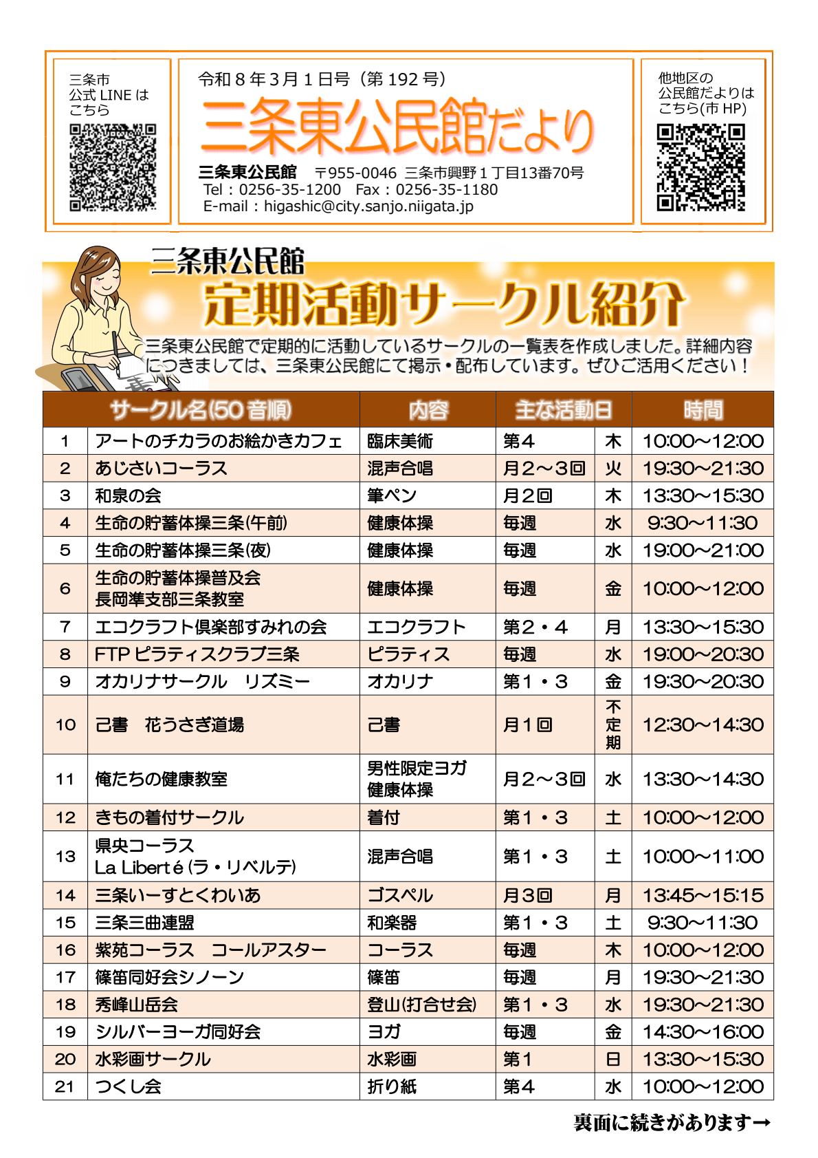 三条東公民館だより3月号オモテ