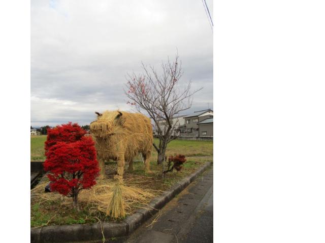 駐車場の植込みに立つわらアートの丑1体