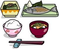 主食のご飯の右に汁物の味噌汁、右後ろに主菜の焼き魚、左後ろに副菜のおひたしとそろったおぜんの形のイラスト