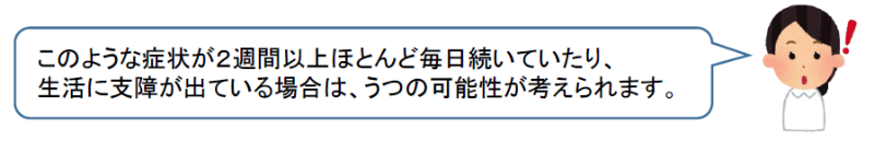 このような症状が2週間以上ほとんど毎日続いていたり、生活に支障が出ている場合は、うつの可能性が考えられます