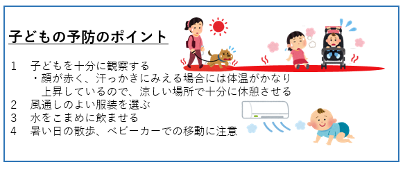 子どもの予防のポイント  1 子どもを十分に観察する   ・顔が赤く、汗っかきにみえる場合には体温がかなり    上昇しているので、涼しい場所で十分に休憩させる 2 風通しのよい服装を選ぶ 3 水をこまめに飲ませる 4 暑い日の散歩、ベビーカーでの移動に注意
