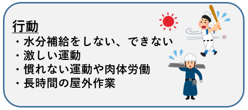 行動 ・水分補給をしない、できない ・激しい運動 ・慣れない運動や肉体労働 ・長時間の屋外作業