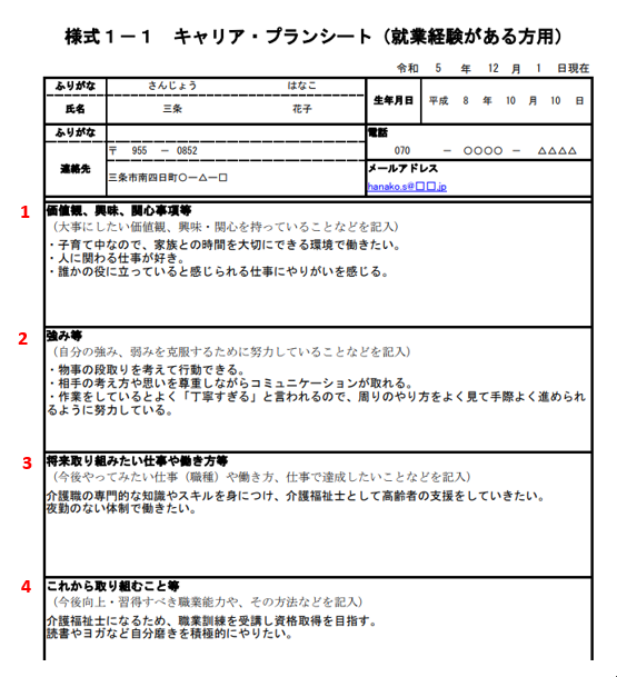 キャリアプランシートの記入例