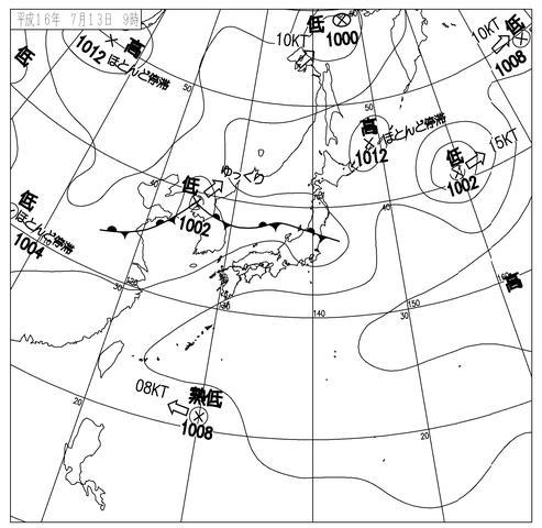 平成16年7月13日午前9時 天気図(新潟地方気象台提供)の画像